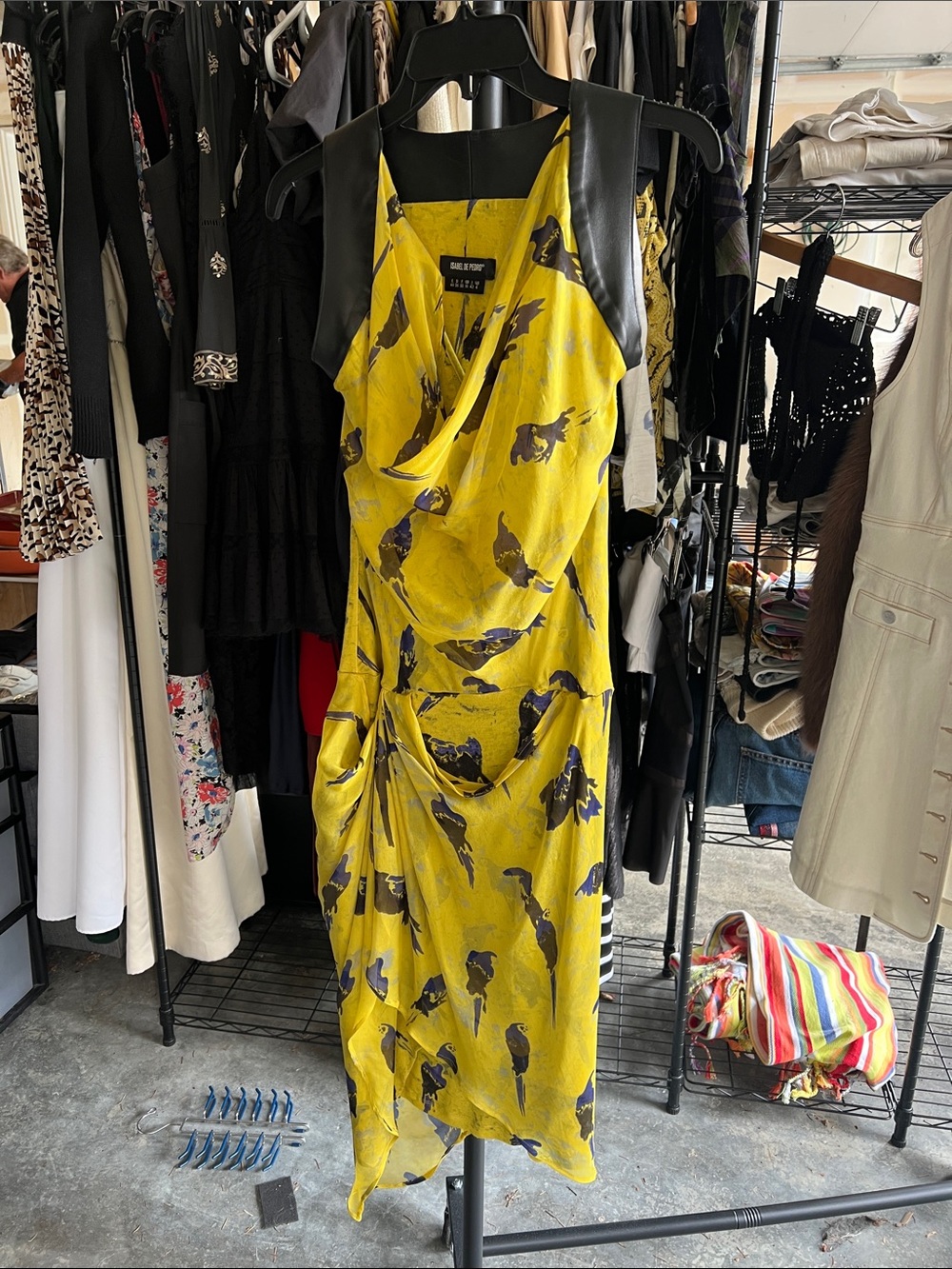 Isabel de Pedro Yellow & Black Bird-Print Draped Midi Dress